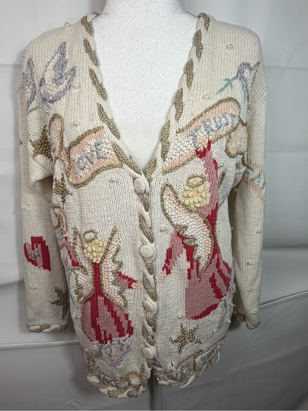 Stitches In Time Large Angels Peace Love Hope Button Cardigan Cottagecore Granny